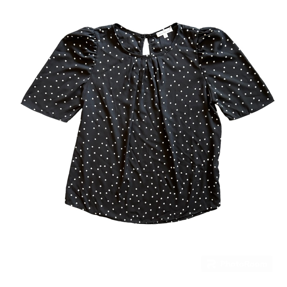 ⭐️Downeast black with white stars print pleated puff sleeve blouse size large